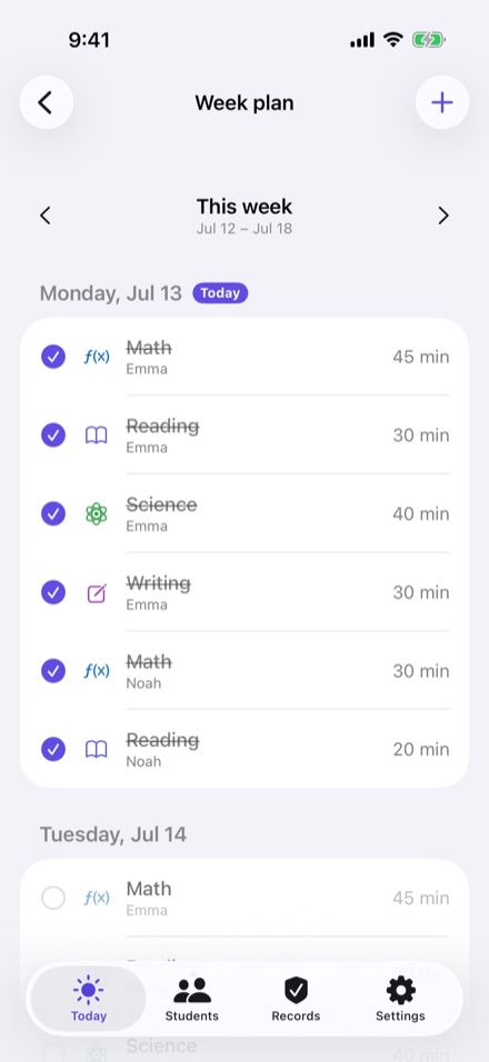 Homeschoolio's week plan screen: Monday's subjects for two children all checked off and struck through, with Tuesday's plan queued below