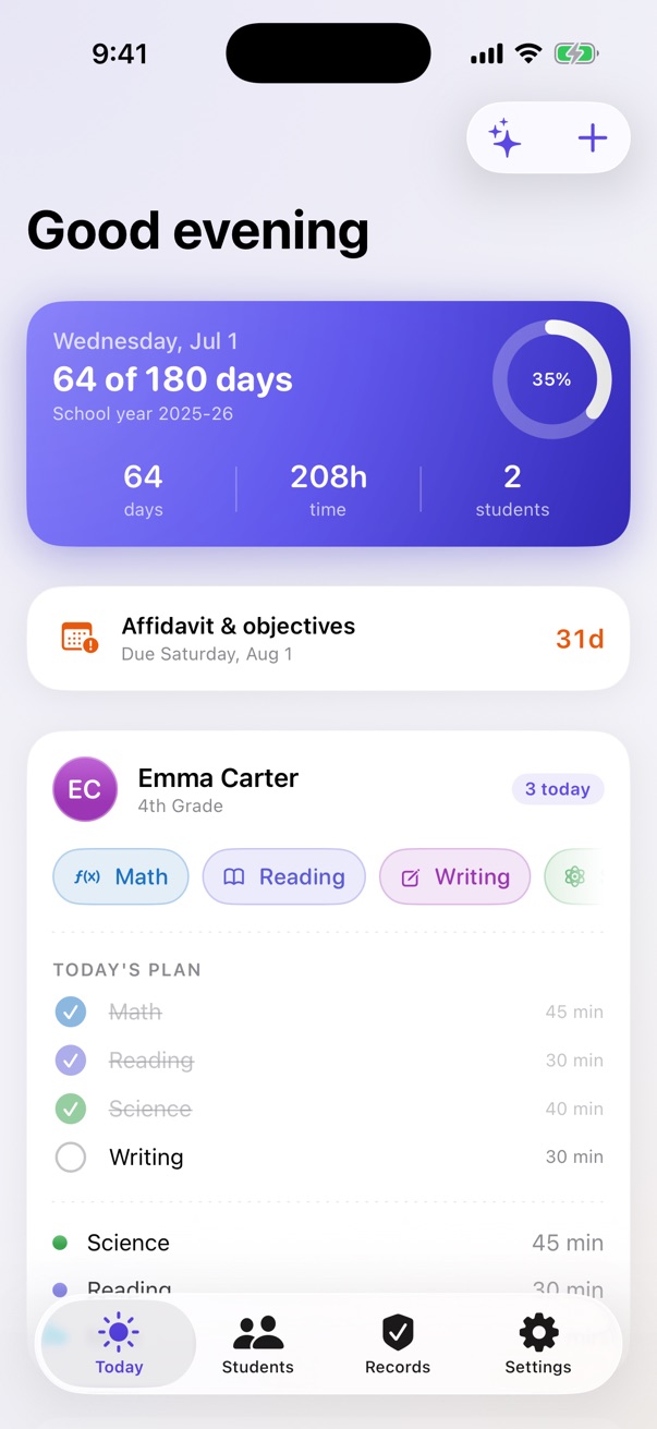Homeschoolio's Today screen: 64 of 180 days logged with a compliance ring at 35%, an upcoming affidavit deadline, and a student's daily plan with Math, Reading, and Science checked off